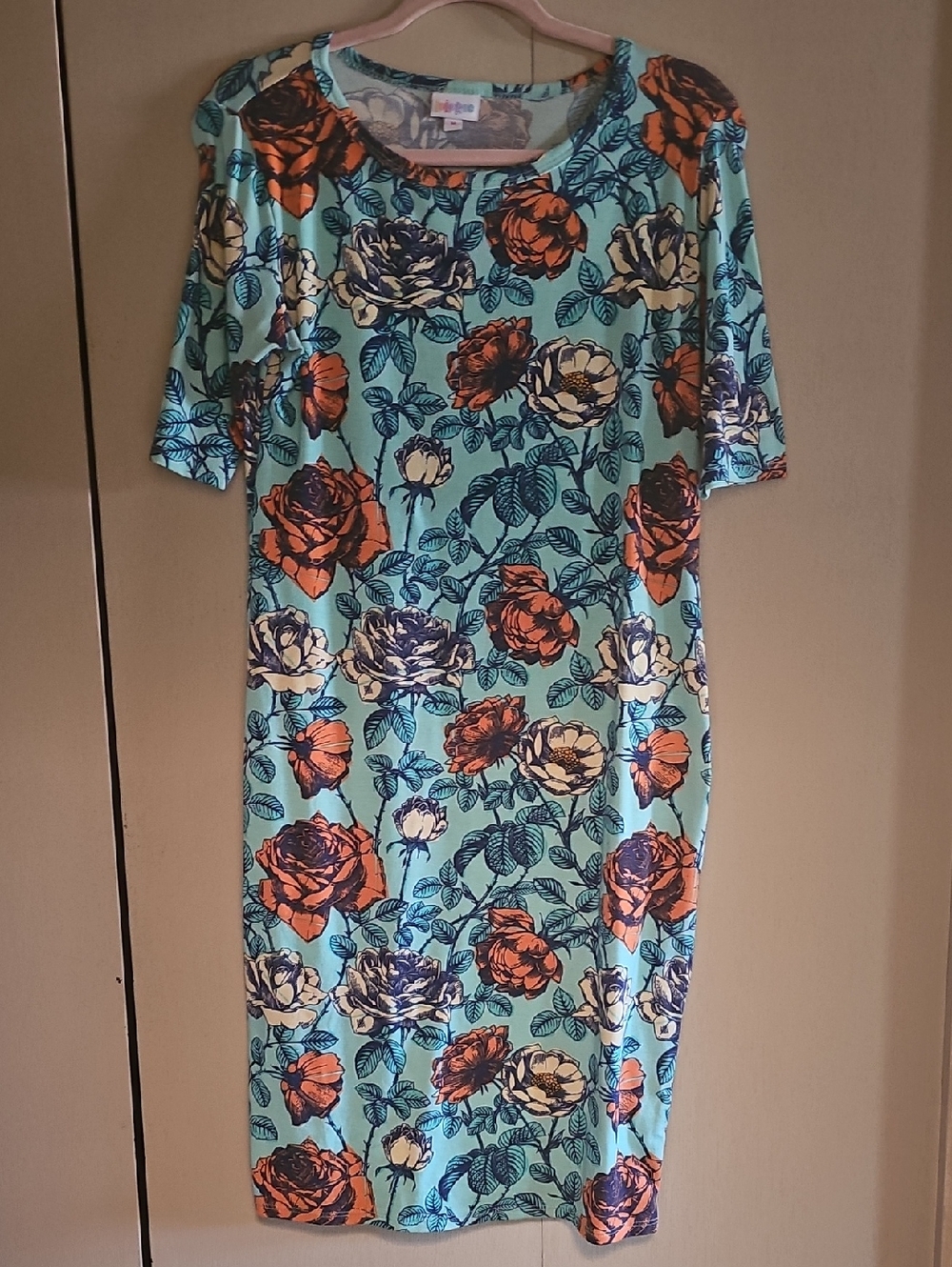 LuLaRoe Mint Green Midi Dress with Orange and Navy Floral Print. Size Med.
